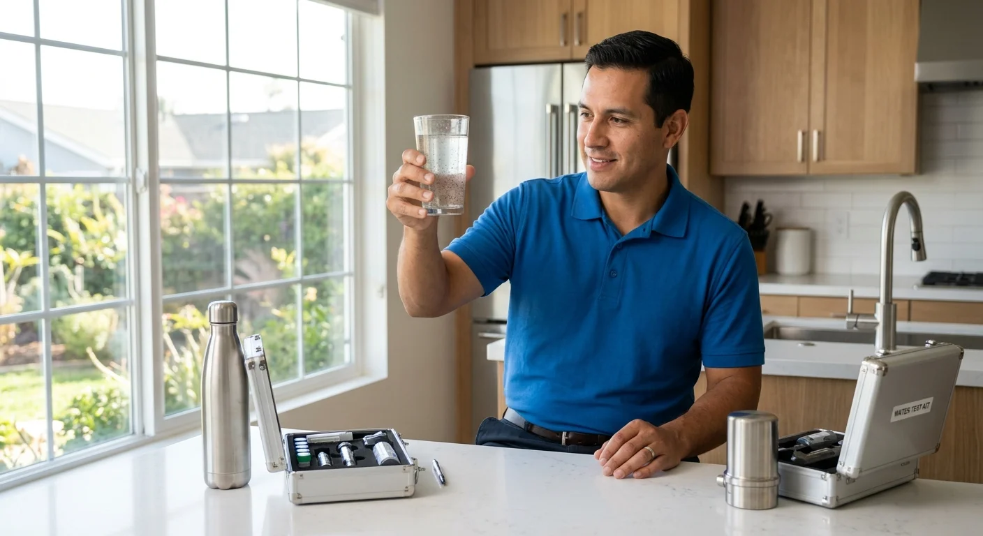 Clear drinking glass with fine dark specks on a San Diego kitchen counter
