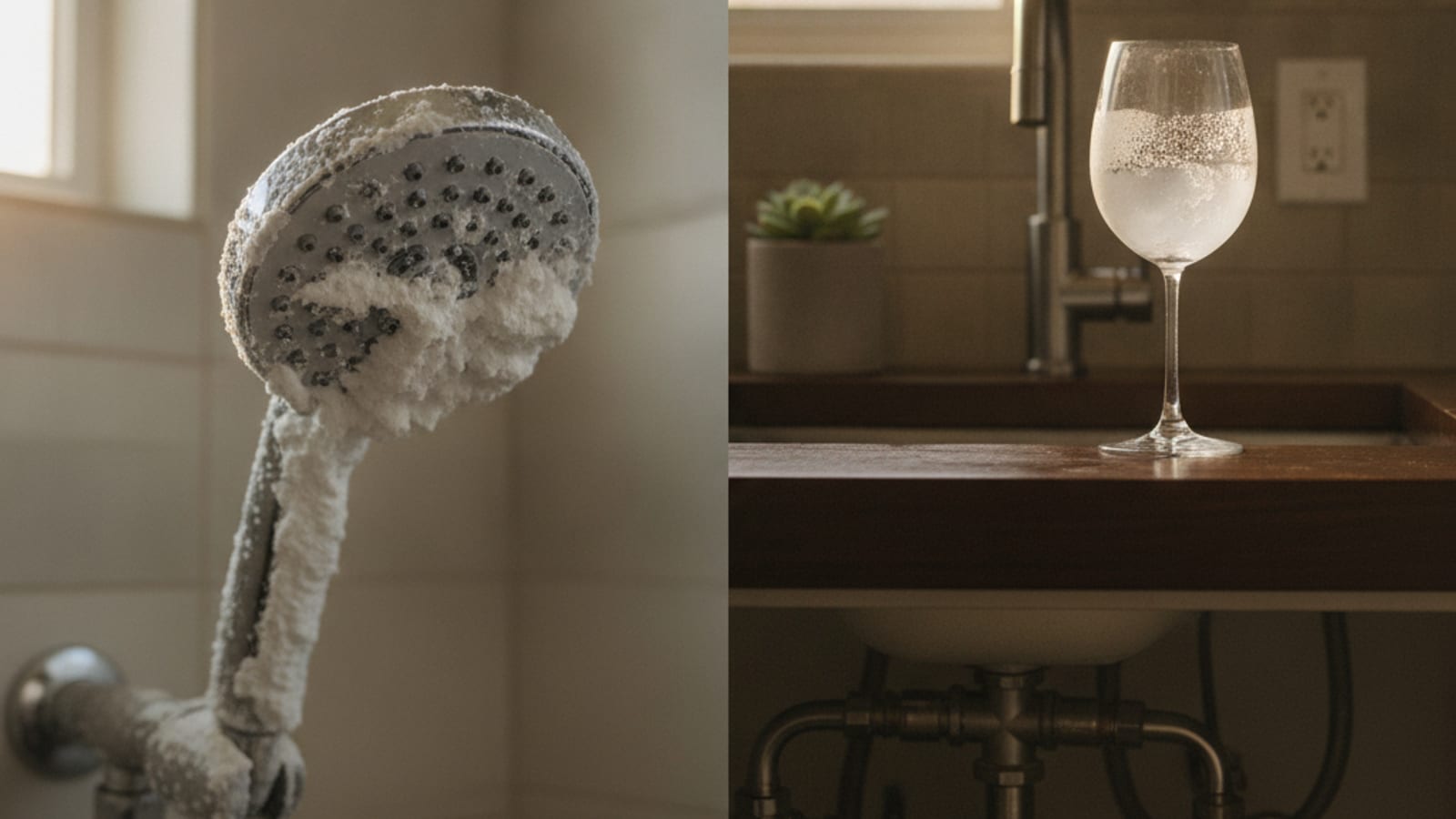 Limescale buildup on a kitchen faucet in a San Diego home