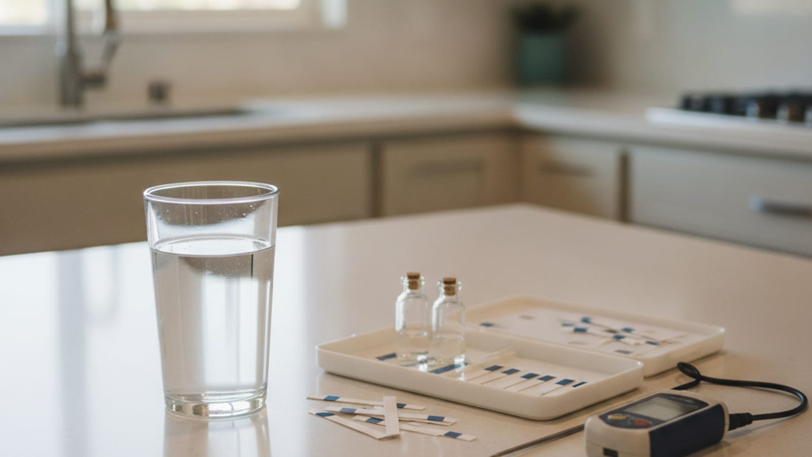 Glass of tap water held up against a sunny San Diego window