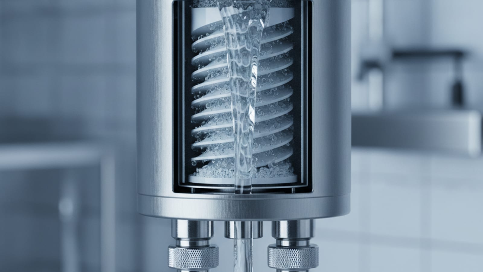Close-up of water flowing from a tap with reverse osmosis filtration system visible underneath sink