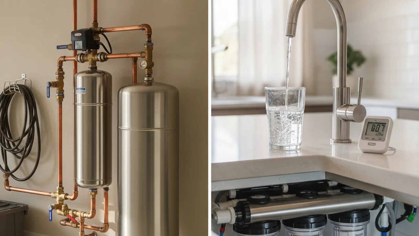 Salt-based water softener tank next to a salt-free conditioner system in a San Diego home