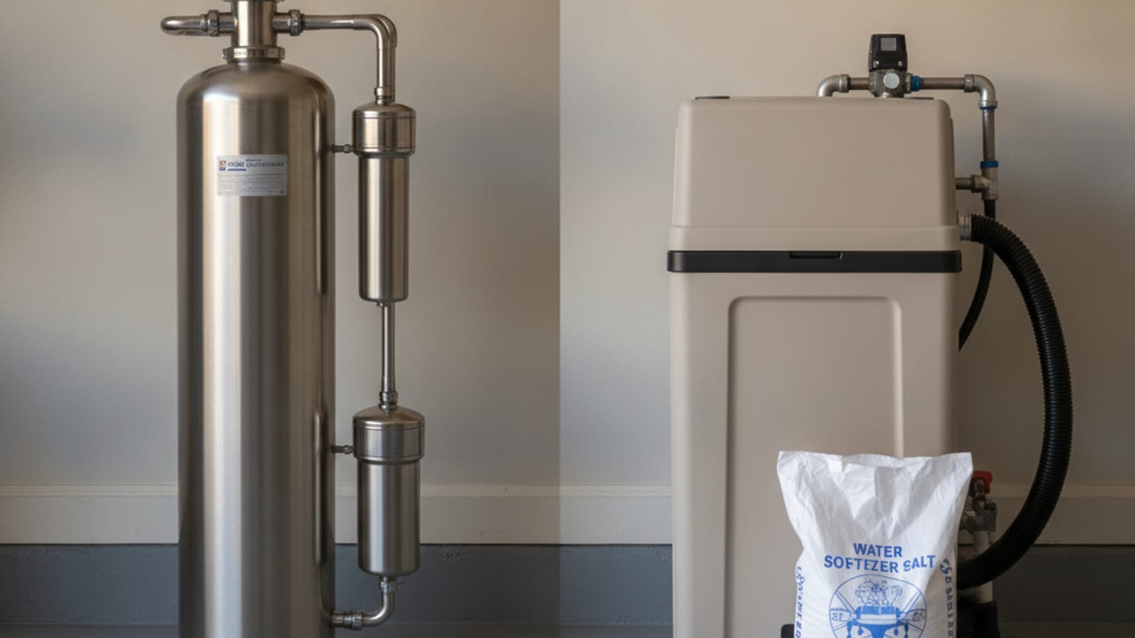 Side-by-side comparison of a traditional water softener and a salt-free water conditioner in a utility room