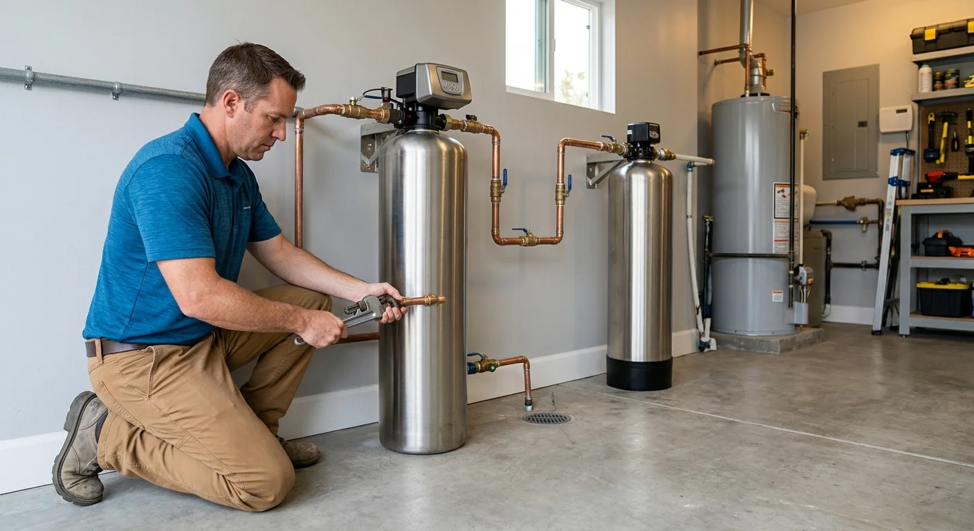 Water softener and separate filtration tank in a home utility area