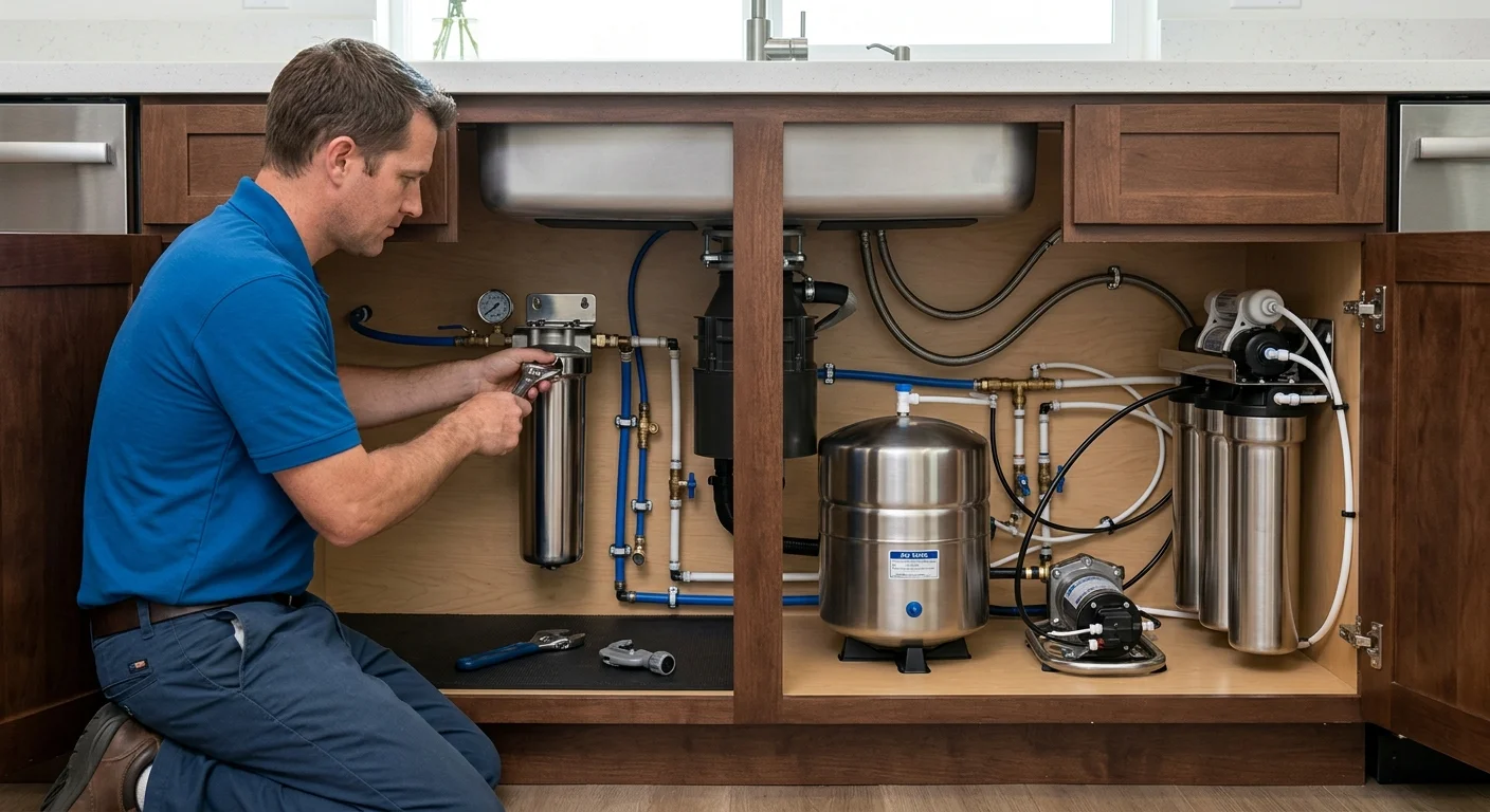 Carbon filter and reverse osmosis system beneath a kitchen sink