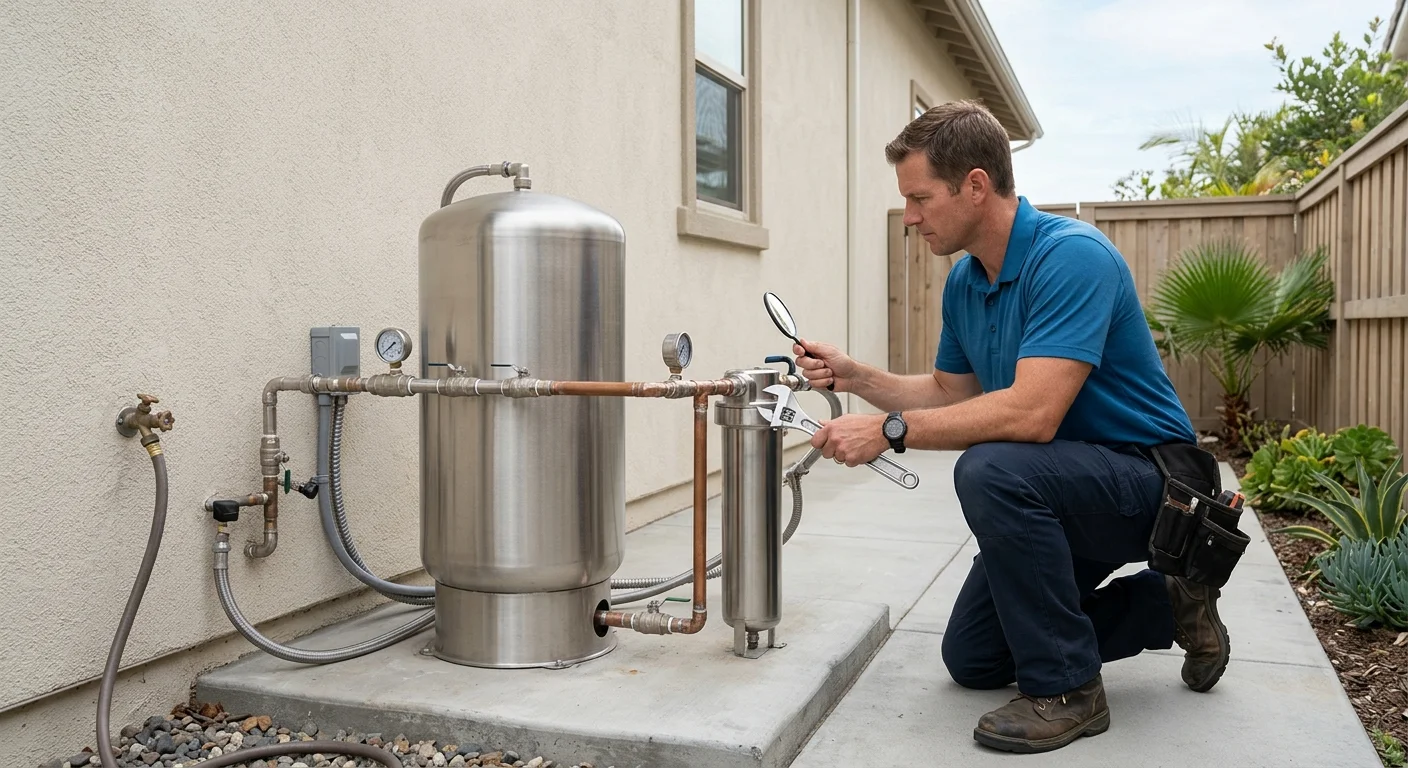 A licensed professional inspecting plumbing beside a water treatment tank in a Coronado home