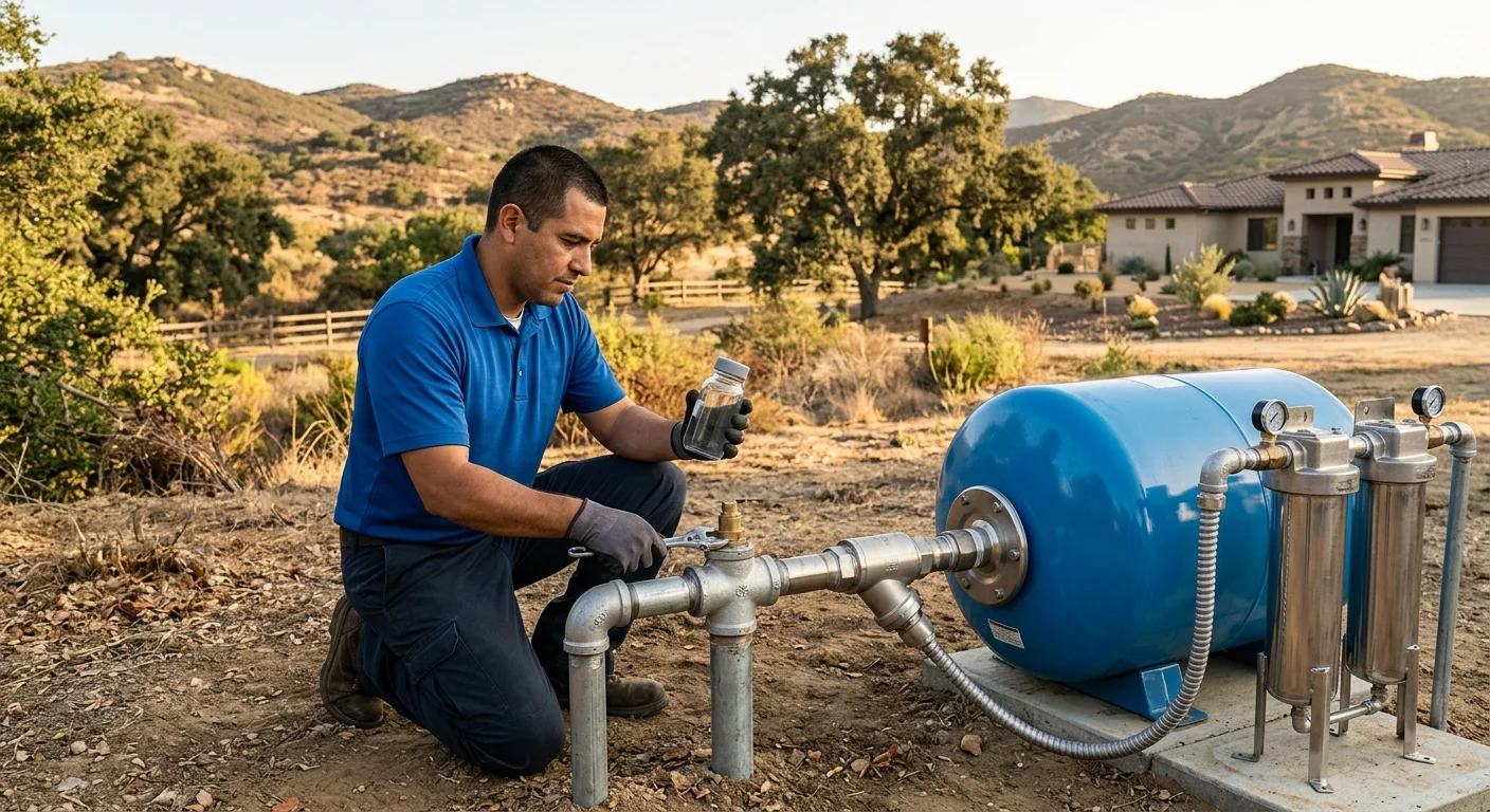 Rural San Diego County well head, pressure tank, and sealed lab sample bottle