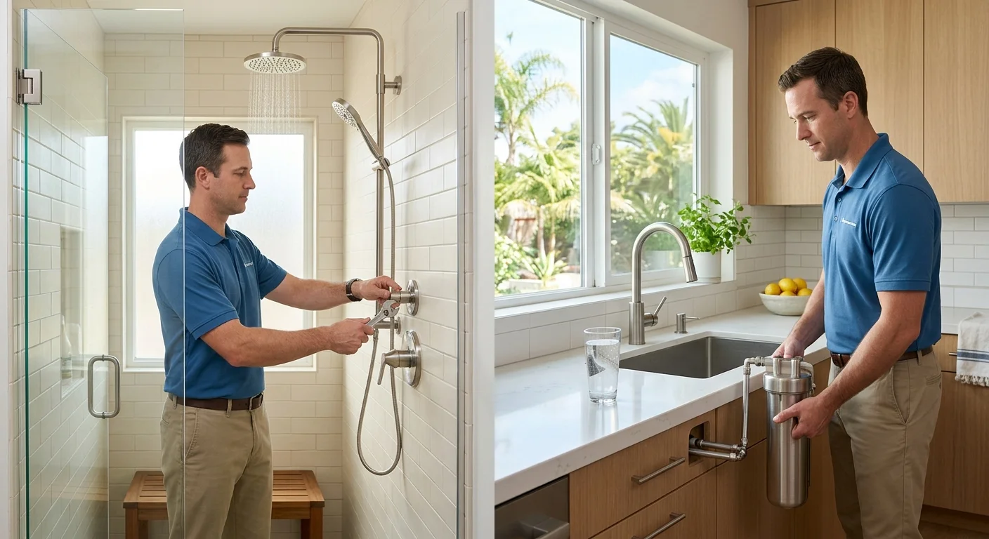 San Diego shower fixture beside a kitchen glass of tap water in daylight