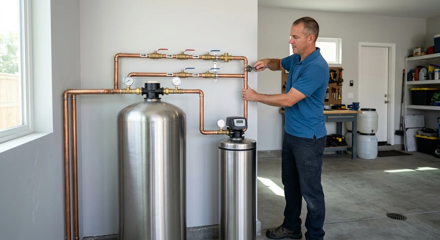 Whole-house filter tank beside a separate water softener in a San Diego garage