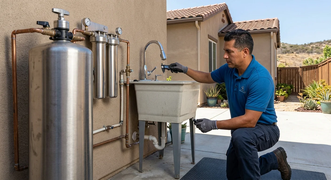 Licensed pro inspecting faucet scale beside a stainless tank in El Cajon