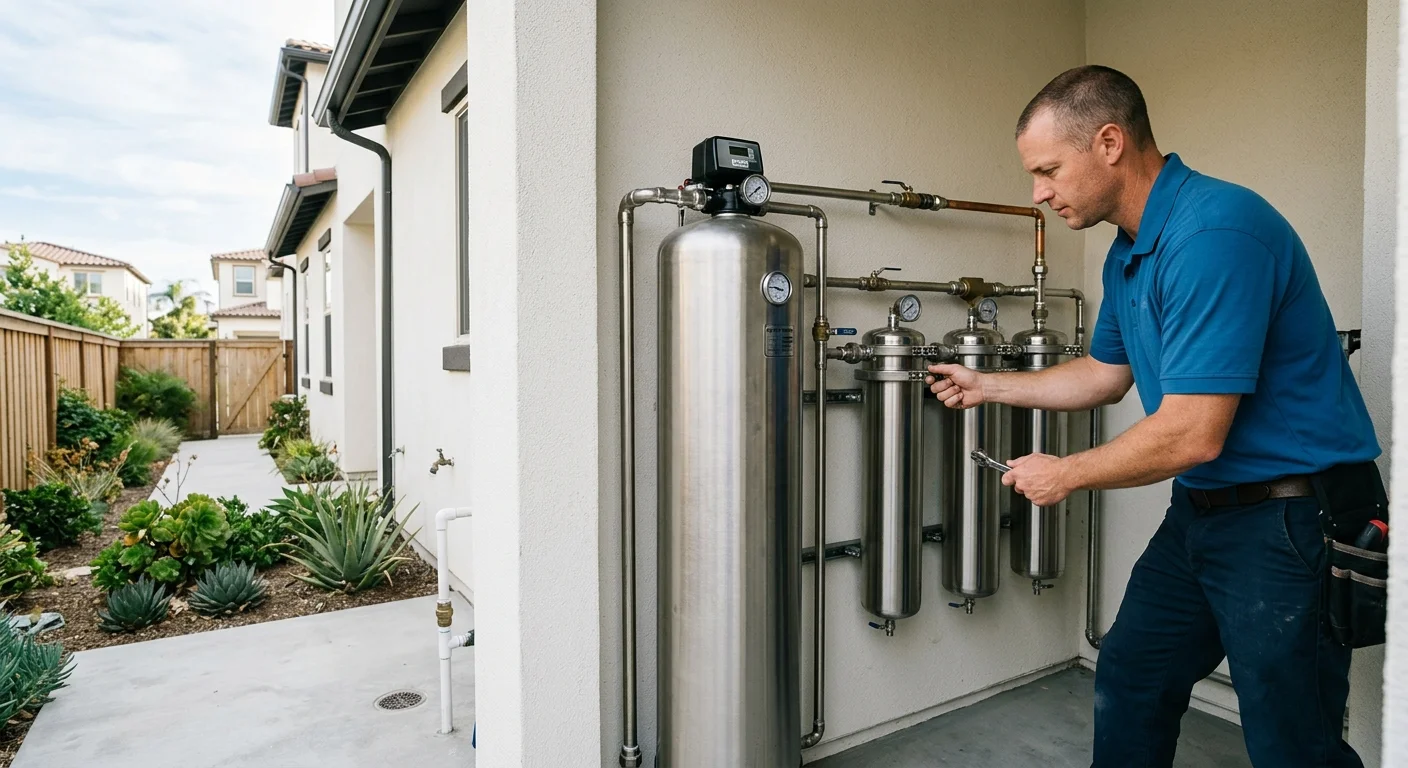 Licensed pro inspecting water treatment plumbing in an Encinitas home utility area
