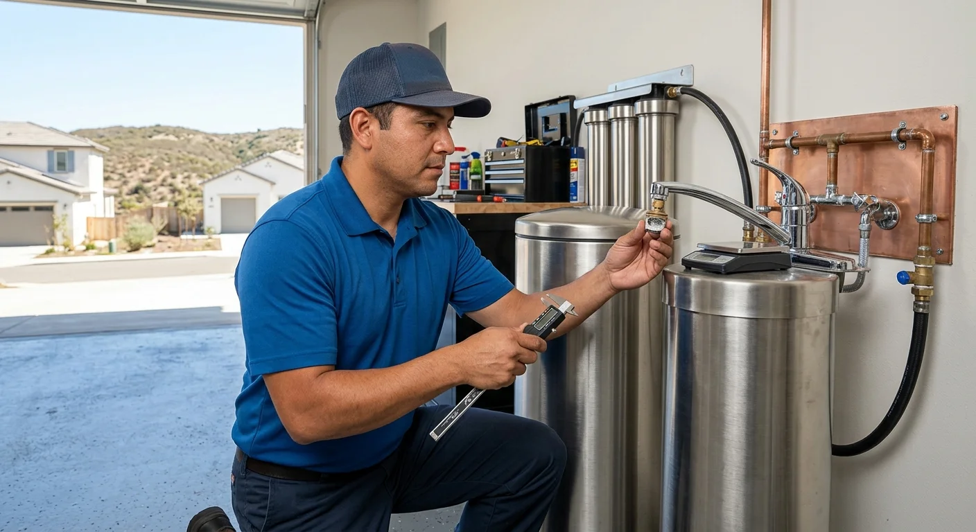 Licensed pro checking faucet scale beside a stainless tank in a Vista garage