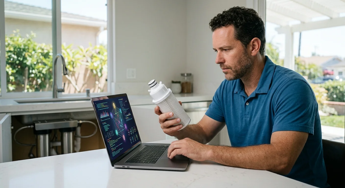 Homeowner comparing a filter cartridge with a certification listing