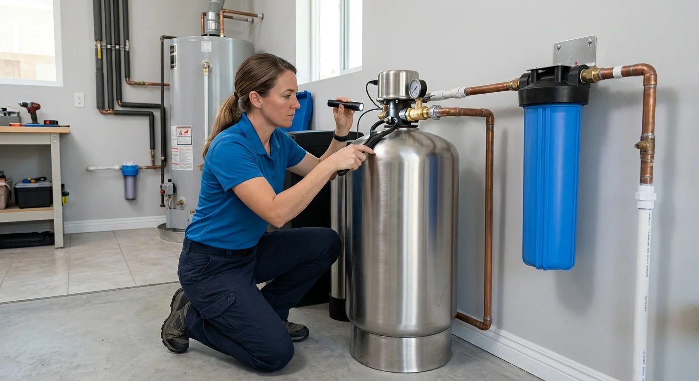 Licensed professional inspecting a whole-house filter housing and media tank