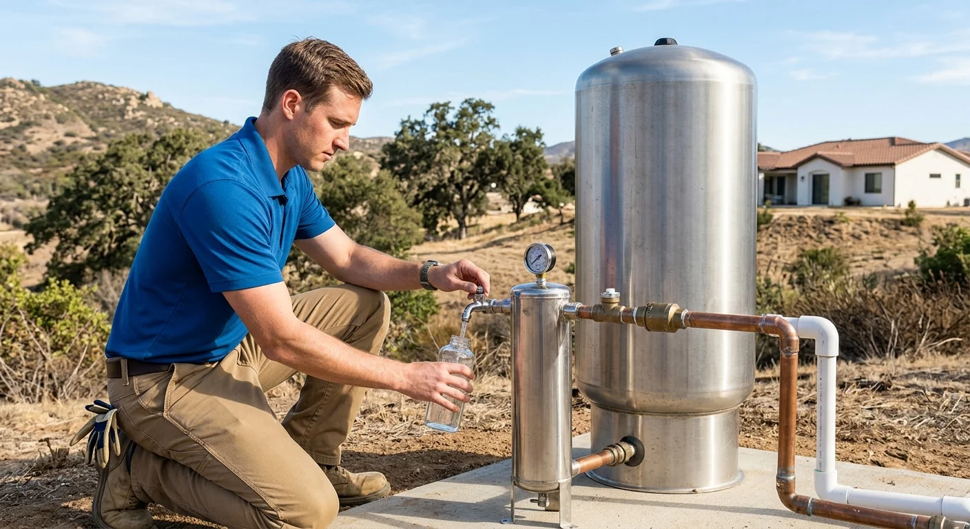 Private well pressure tank and water sample bottle at a rural San Diego County home