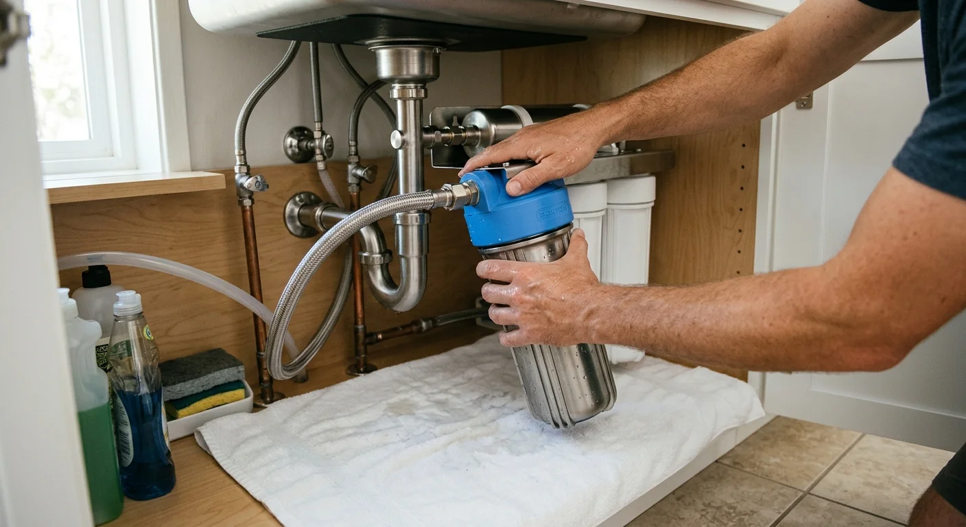 Hands removing an under-sink water filter housing