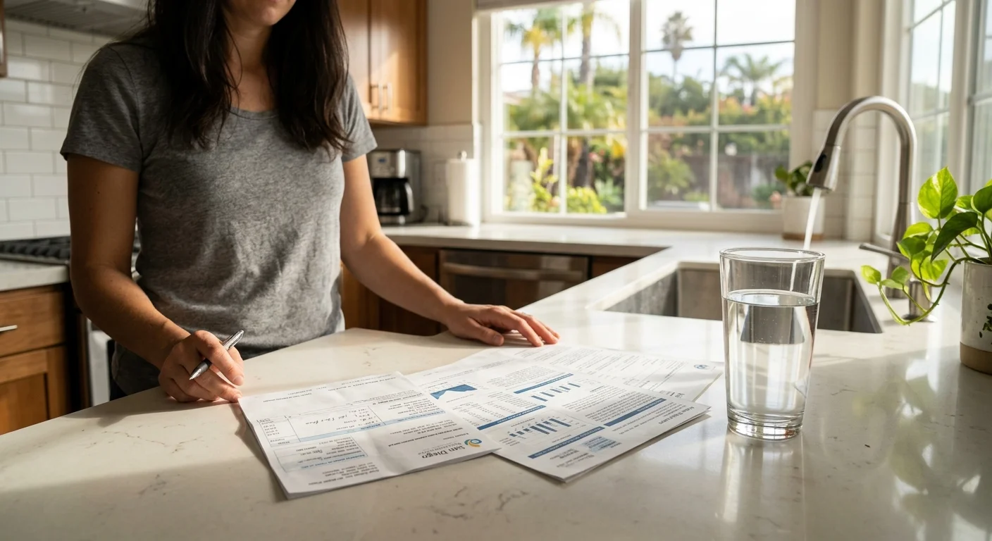 Kitchen counter with a San Diego water bill, a printed CCR, and a glass of tap water