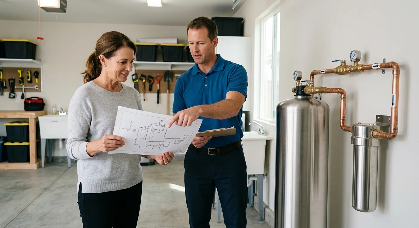 Homeowner and water treatment pro reviewing a plumbing layout beside a softener tank