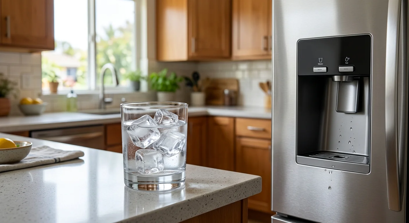 Clear ice cubes in a glass beside a San Diego fridge dispenser