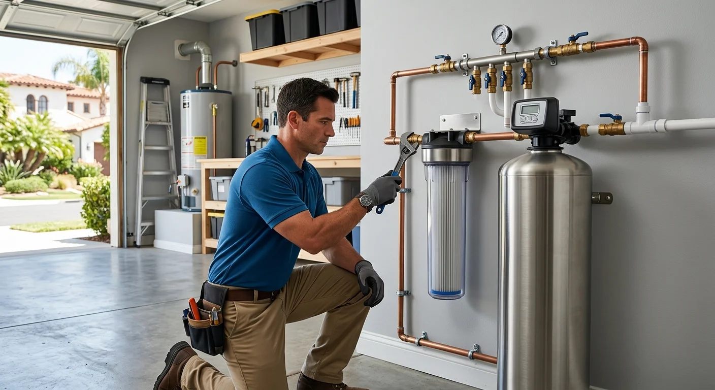 San Diego garage with a stainless steel water softener and whole-house filter plumbed in sequence