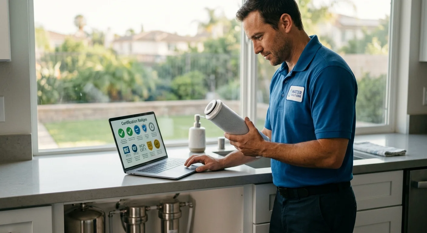 Homeowner comparing a water filter cartridge with a certification listing on a laptop