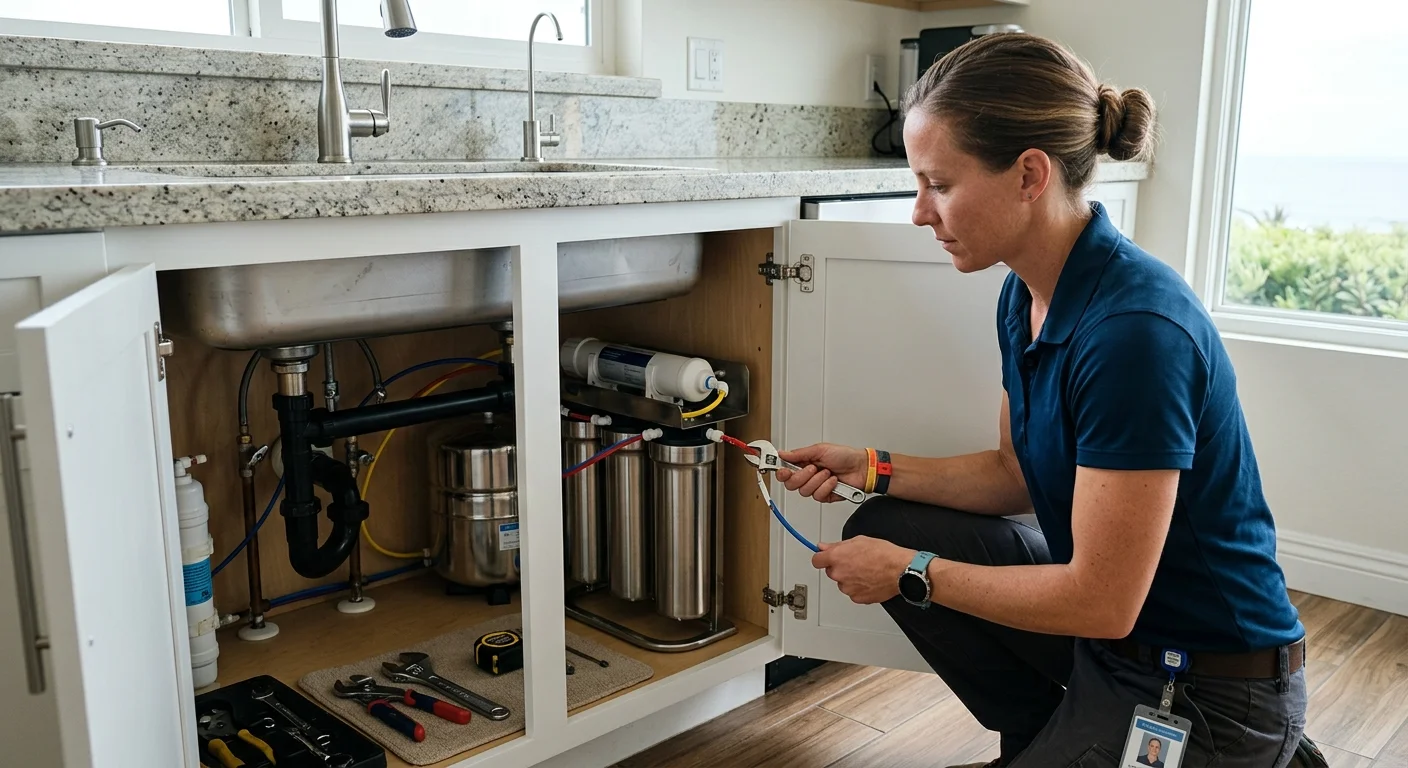 Licensed water treatment professional planning an under-sink reverse osmosis system