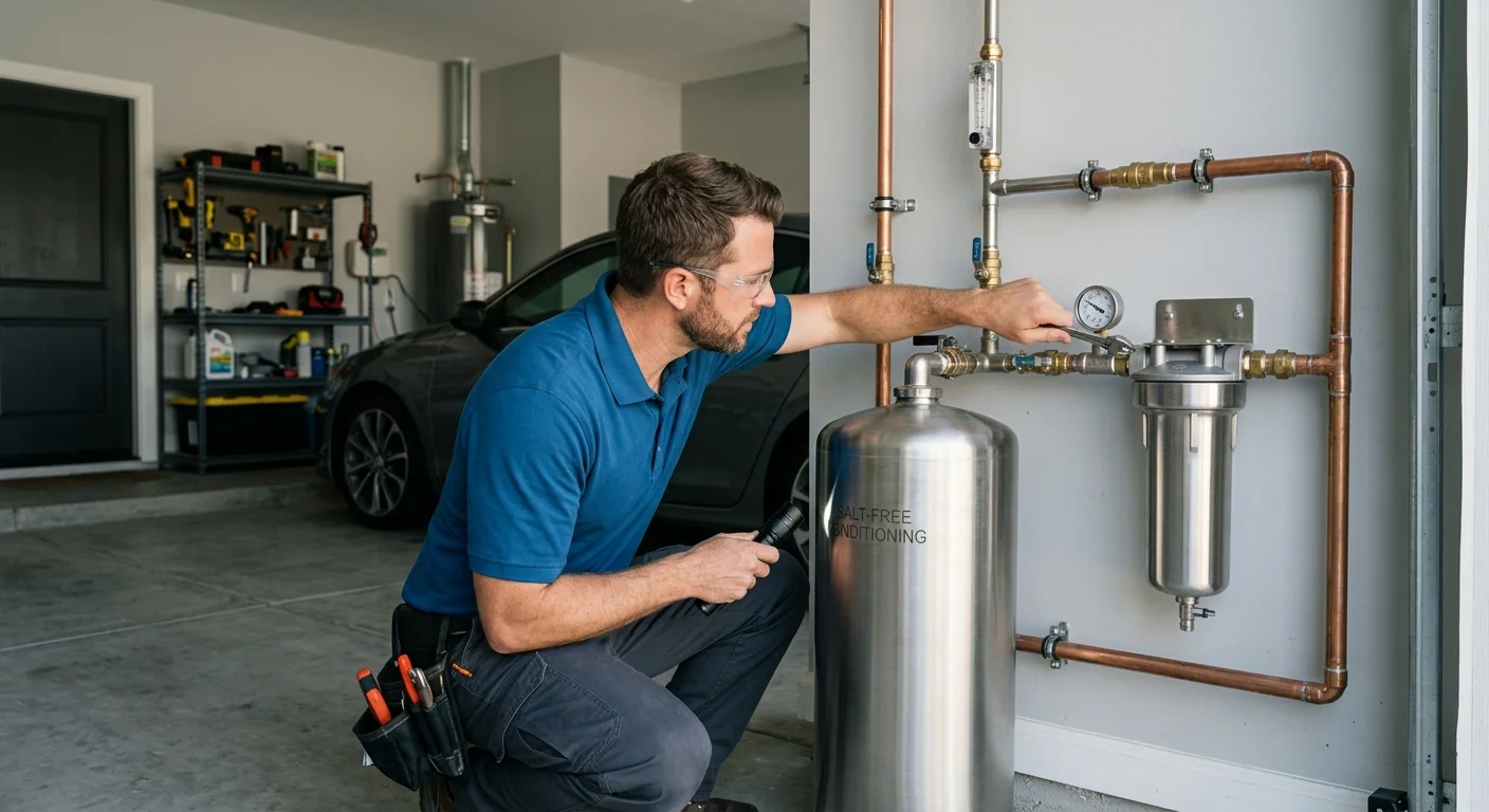 Licensed professional inspecting a salt-free conditioner in a San Diego garage
