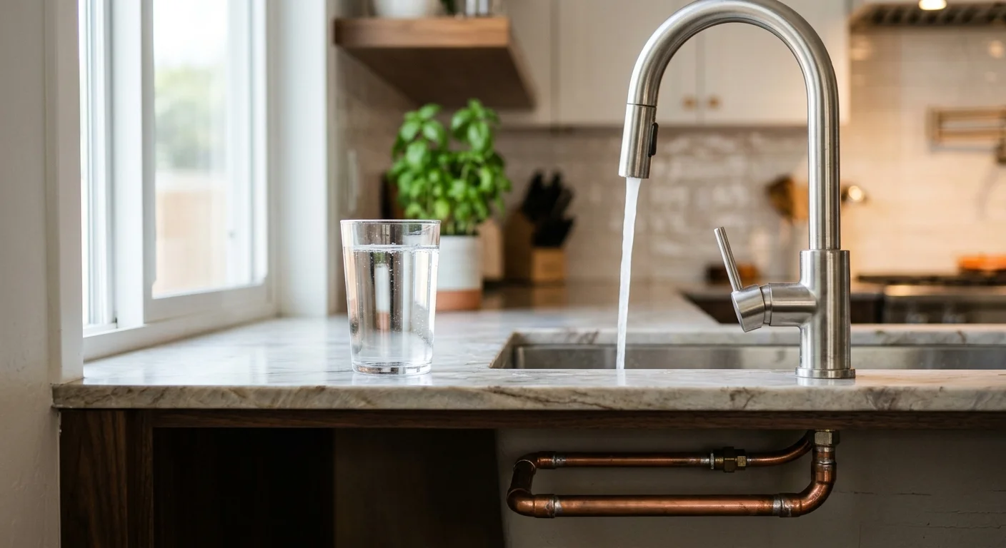 Glass of clear tap water beside a San Diego kitchen faucet