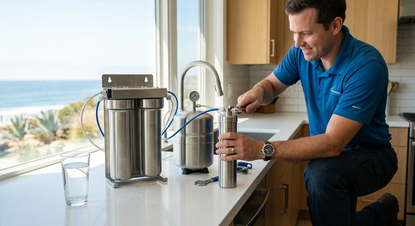 Glass of water beside an under-sink reverse osmosis system and mineral cartridge