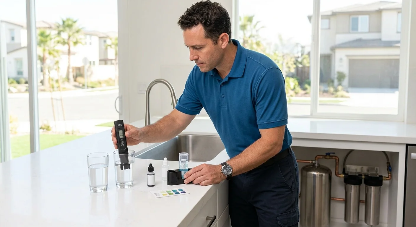 TDS meter and hardness test supplies beside tap-water samples