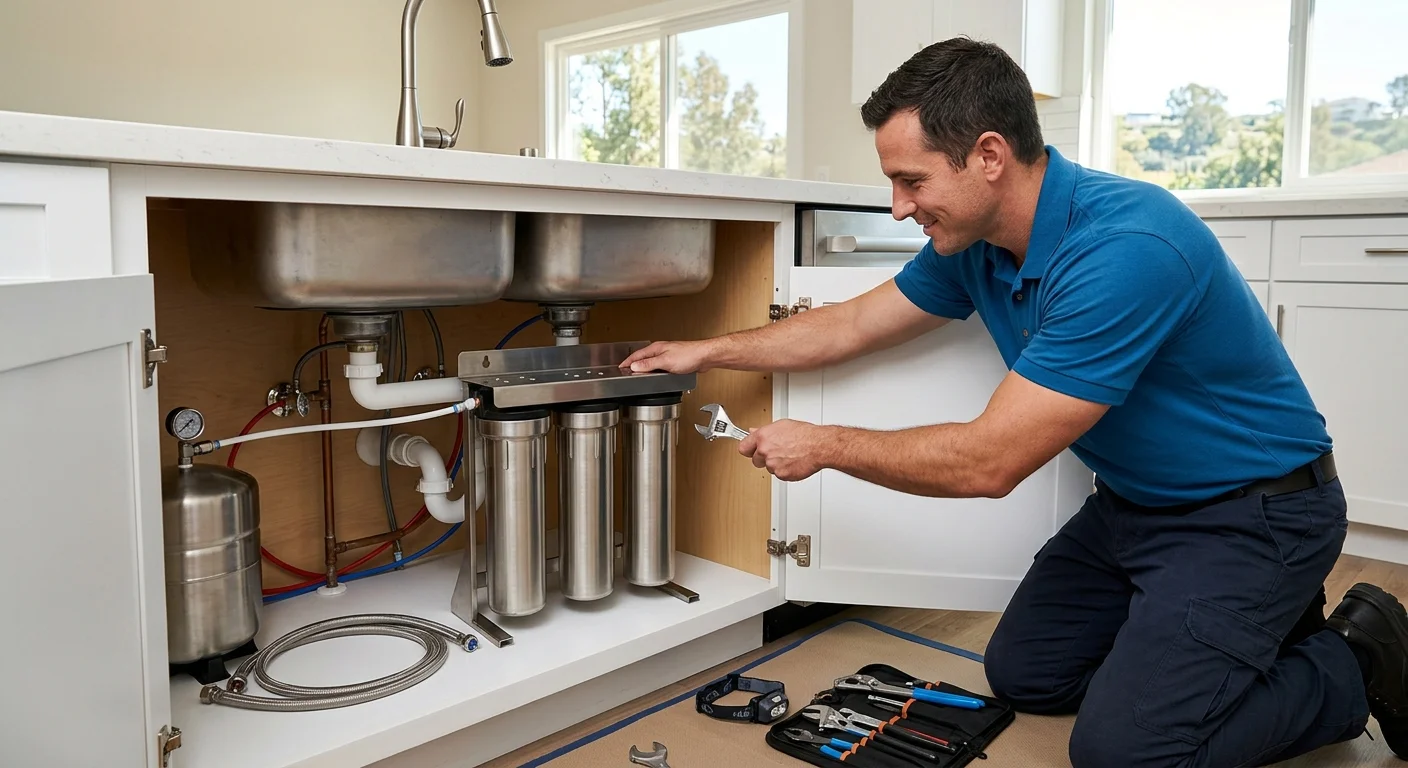 Licensed pro planning an under-sink filter in a La Mesa kitchen