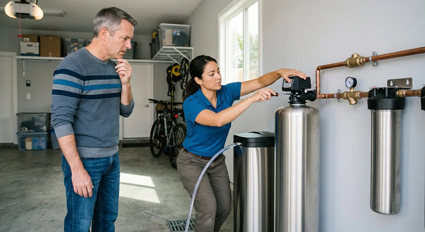 Homeowner watching a professional inspect a draining water softener
