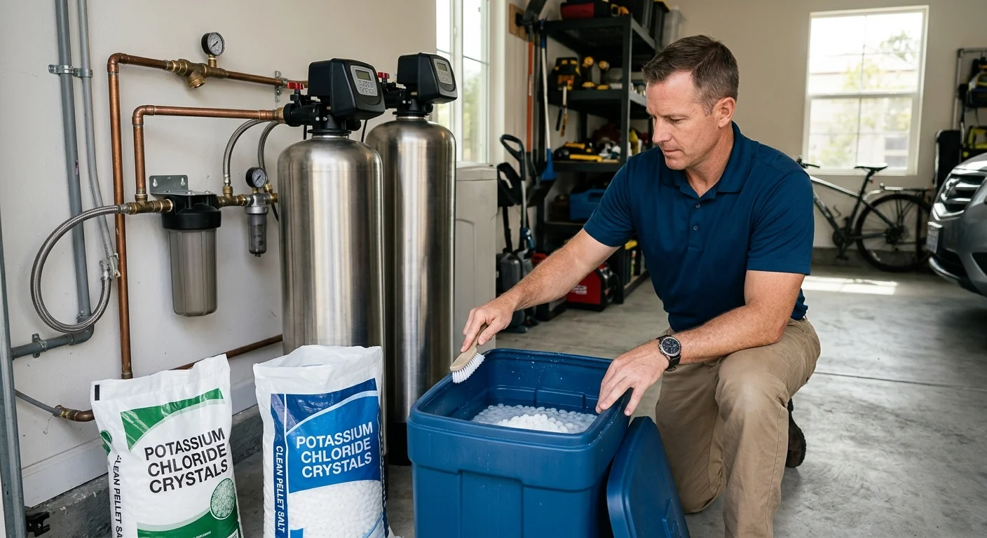 Open brine tank in a San Diego garage with pellet salt beside potassium chloride