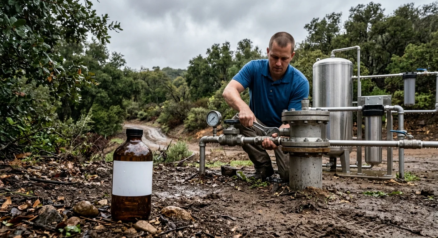Rural San Diego County wellhead after light rain with wet soil and oaks