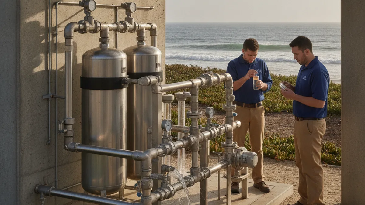 A coastal groundwater well pump station near the San Diego shoreline with the ocean visible in the background