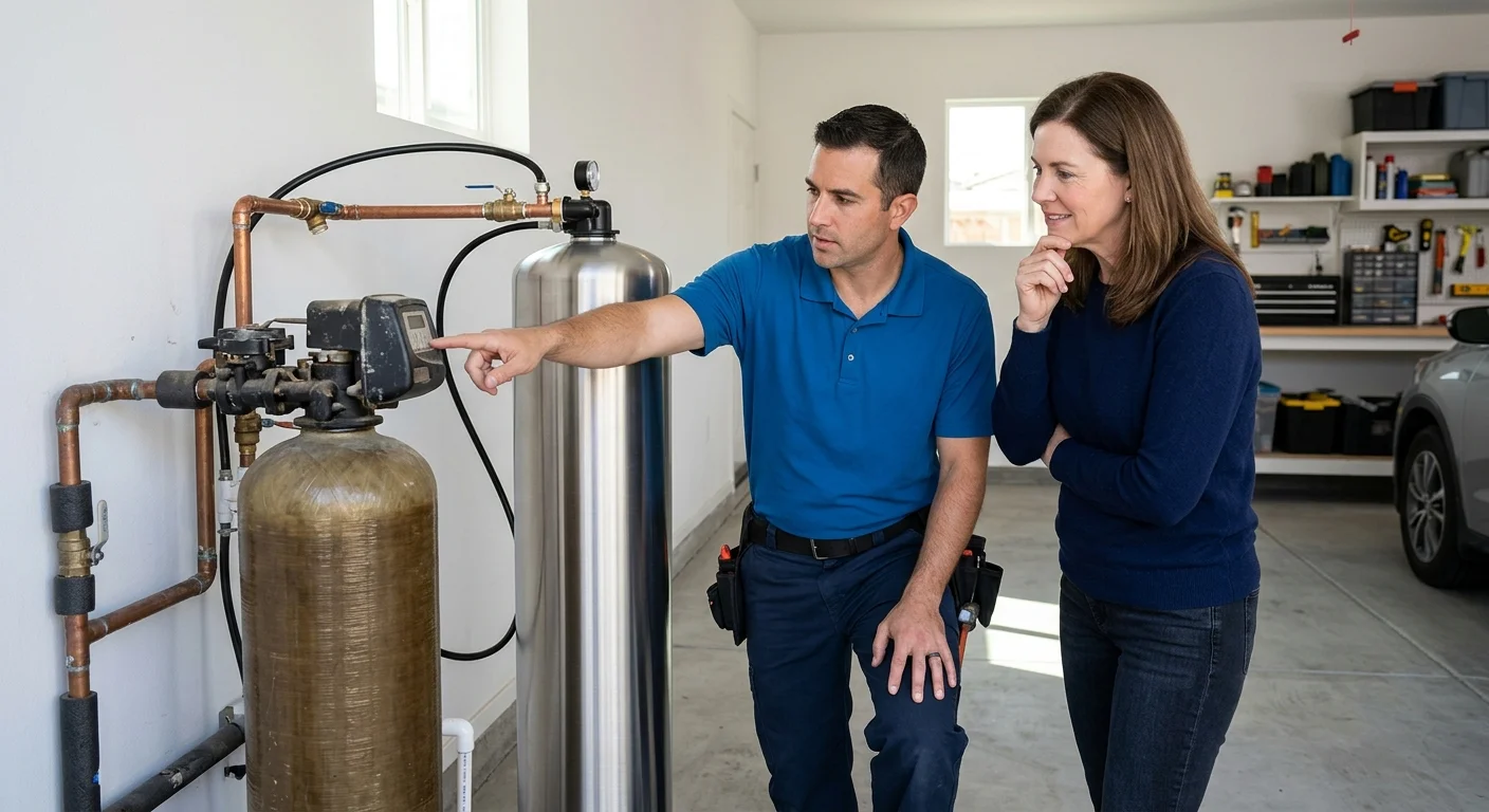 Homeowner and water treatment professional inspecting an older water softener