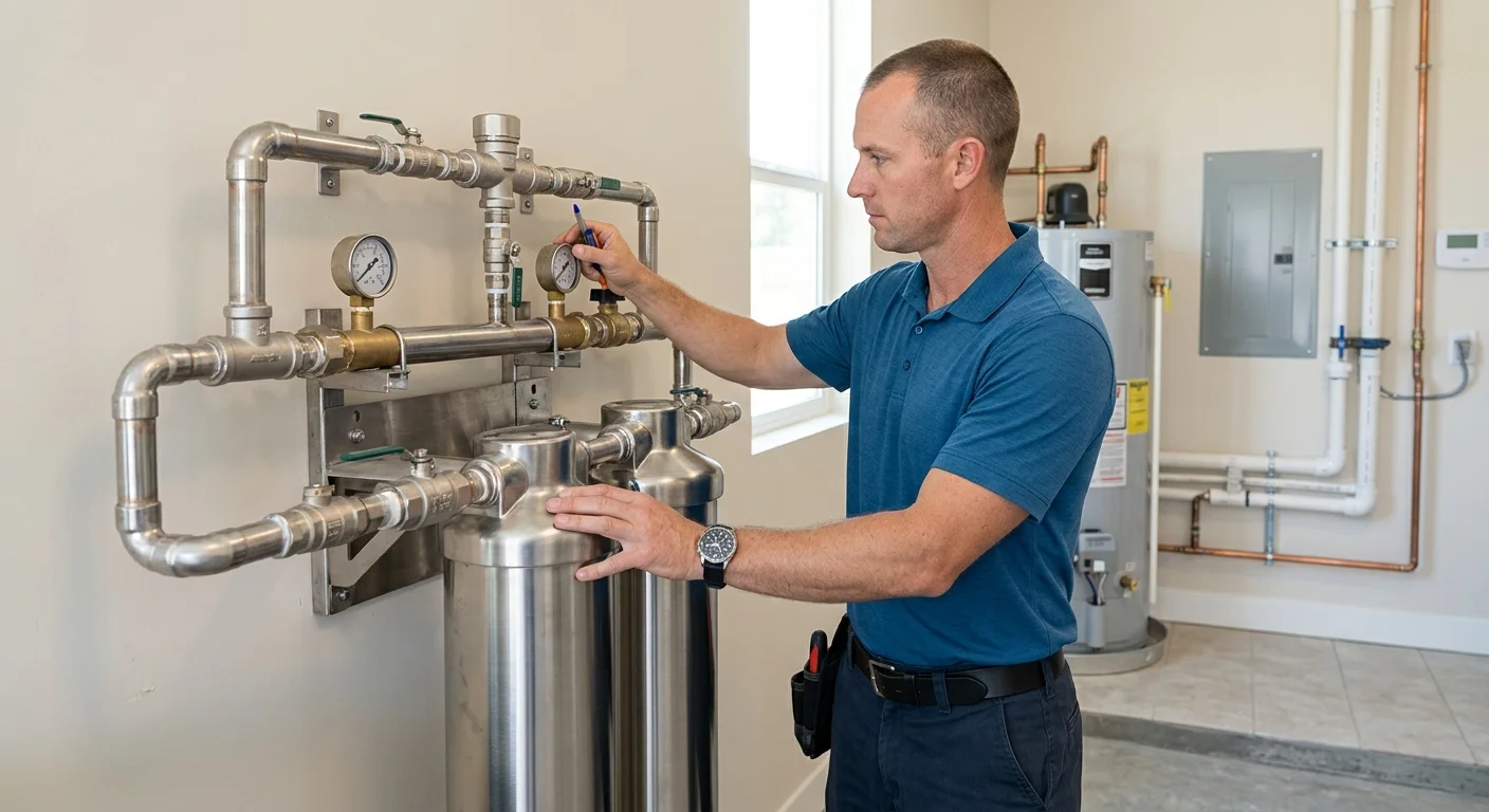 Licensed professional inspecting a whole-house water filter and bypass