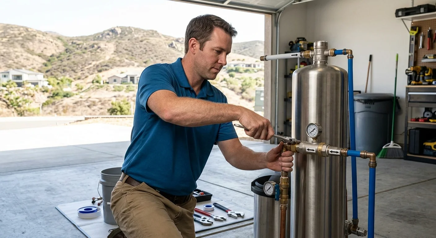 Licensed pro planning a whole-house filter in an Escondido garage