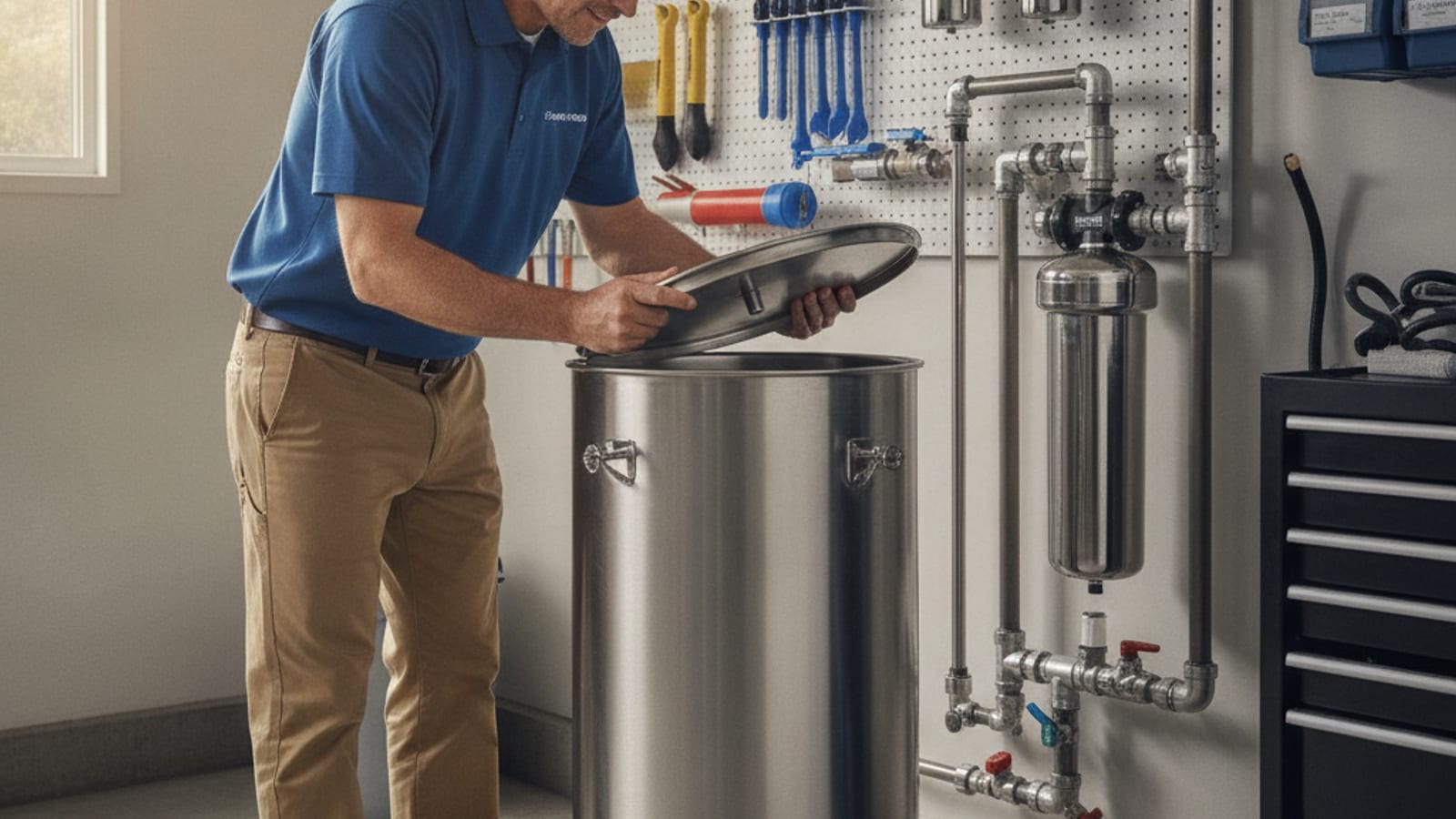 Homeowner lifting the lid of a water softener brine tank in a San Diego garage to check the salt level and look for bridging