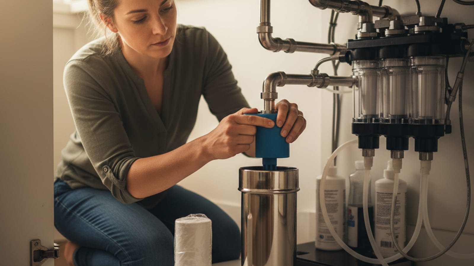 Homeowner using a filter wrench to unscrew an under-sink water filter housing beneath a kitchen sink in San Diego, with a towel placed underneath to catch drips