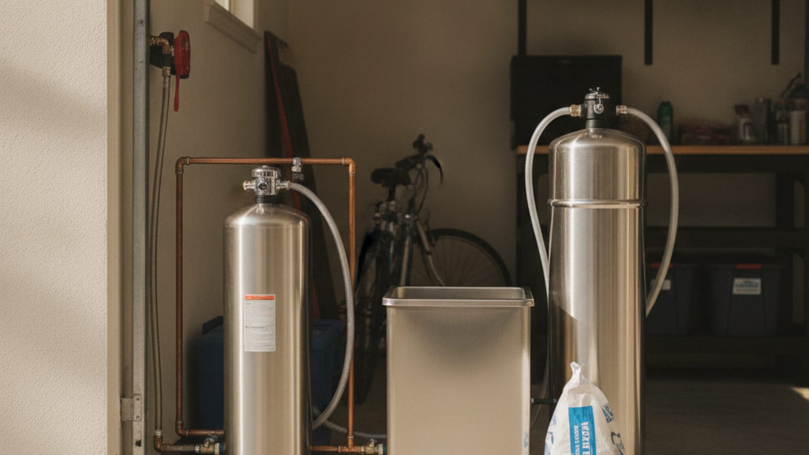 Side-by-side of a salt-free catalytic conditioning tank and a traditional salt-based water softener with brine tank in a San Diego garage installation