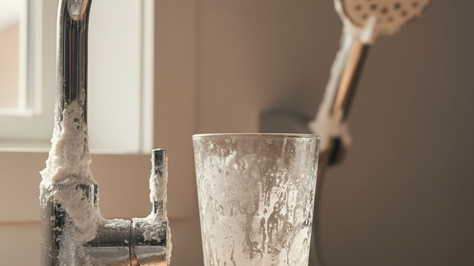 White mineral scale buildup around a chrome faucet base in a San Diego bathroom, with a chalky residue ring visible on the basin