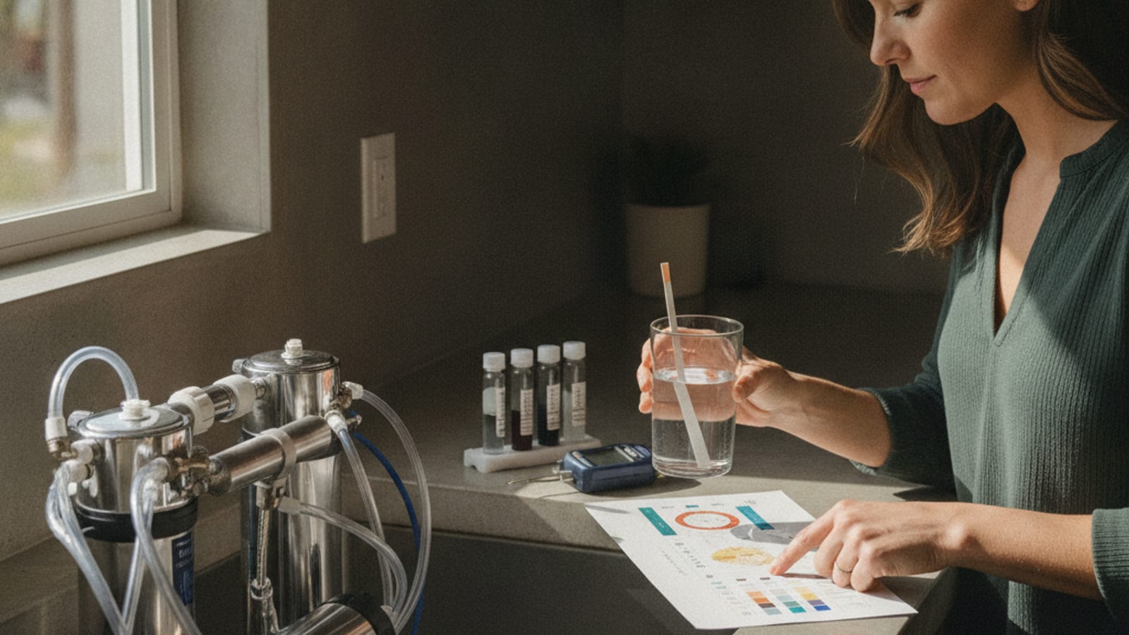 Homeowner holding a water hardness test strip over a glass of tap water in a San Diego kitchen, reading the color chart on the packaging
