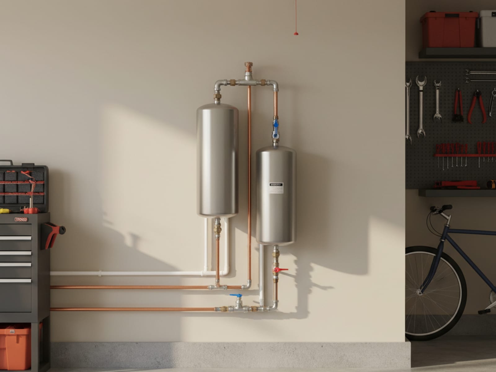 Salt-free water conditioning system with PF1025 catalytic media installed in a San Diego garage