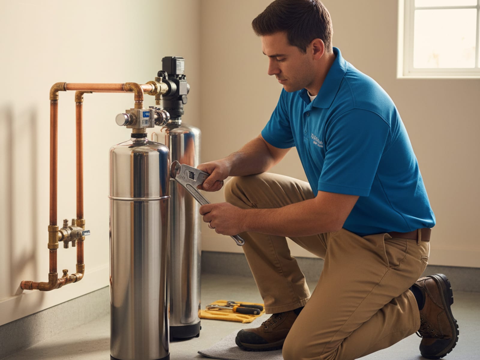 New water softener system with stainless steel tank installed in a San Diego home utility room